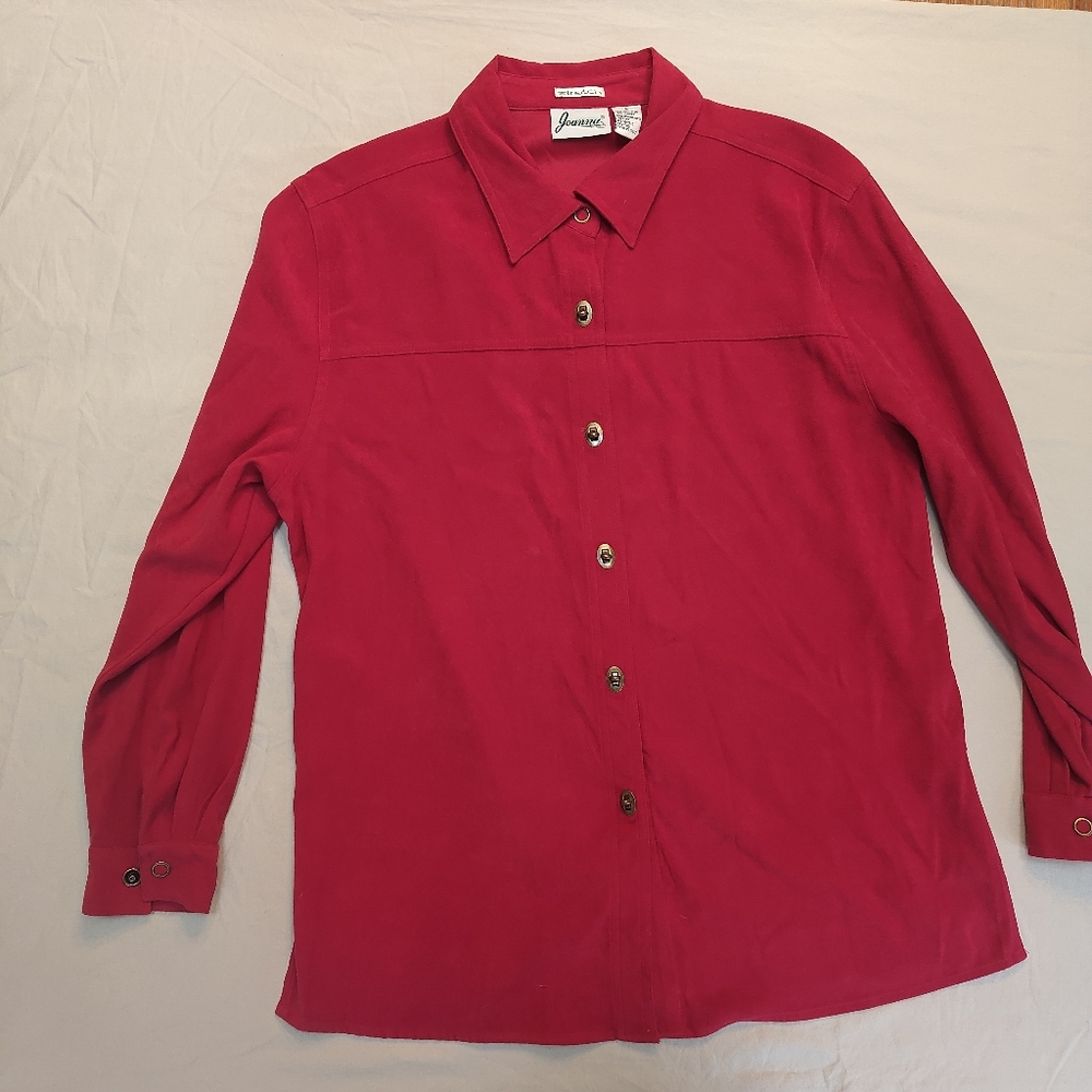 Women's Red Button Down Shirt Faux Suede Toggle Buttons